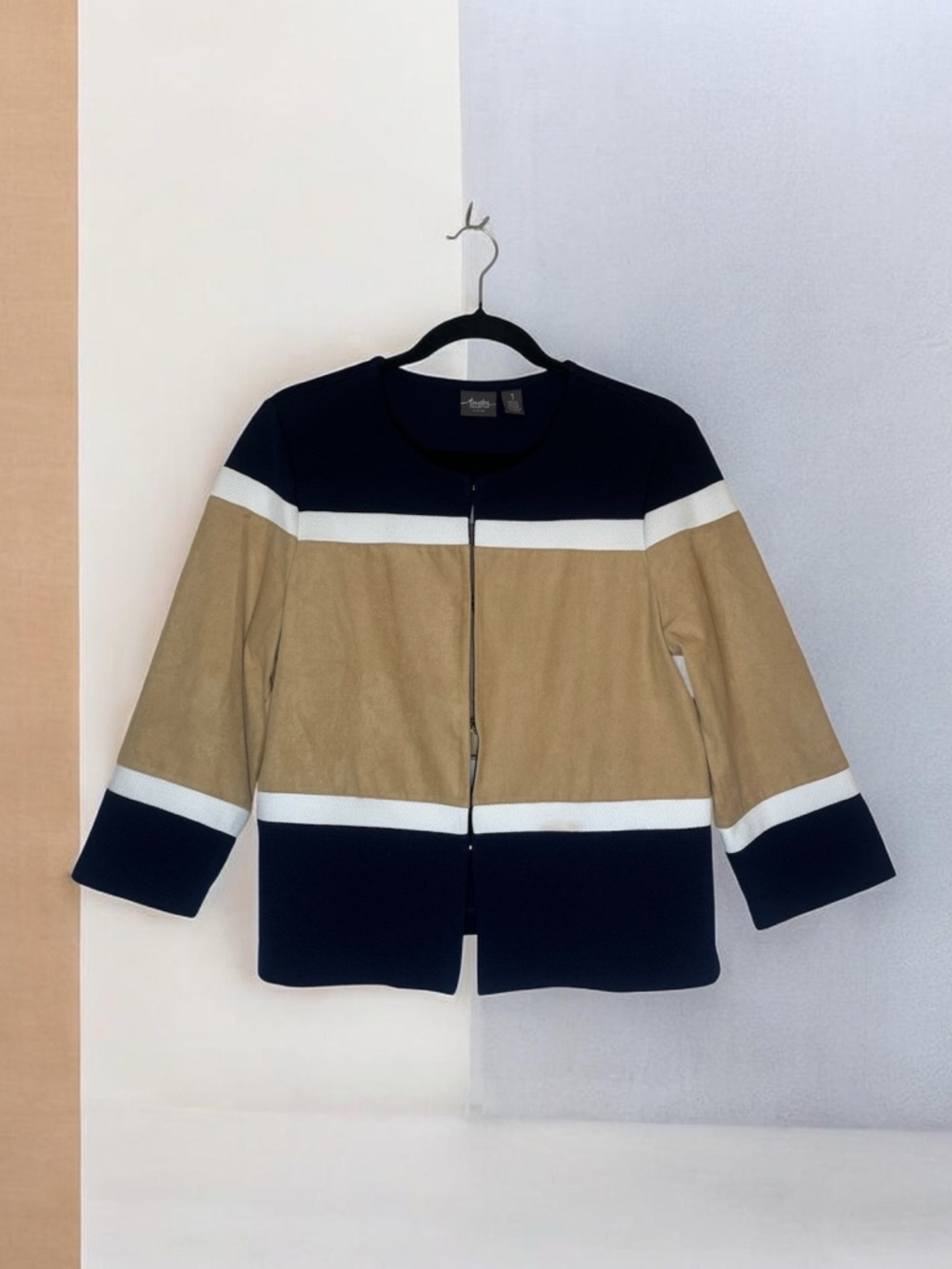 Chico's Women’s Navy, Tan & White Colorblock Zip-Front Jacket